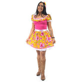 Vestido Festa Junina Adulta Caipira Floral Pink Com Tiara