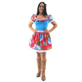 Vestido Festa Junina Adulto Fantasia Floral Vermelho com Tiara