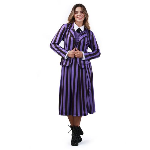 Fantasia Wandinha Adulta Uniforme Colegial Roxo Halloween Luxo