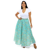 Saia Junina Carimbó Adulto Longa Azul Floral com Renda