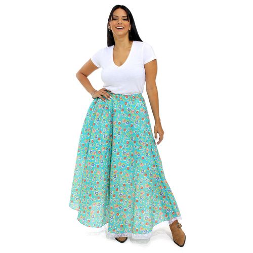 Saia Junina Carimbó Adulto Longa Azul Floral com Renda