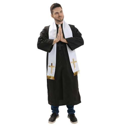 Fantasia Padre Adulto Tunica Preta com Estola e Crucifixo Preto