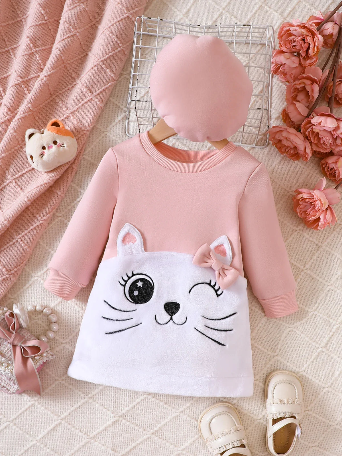 Vestido Infantil de Algodão - Gatinho Rosa